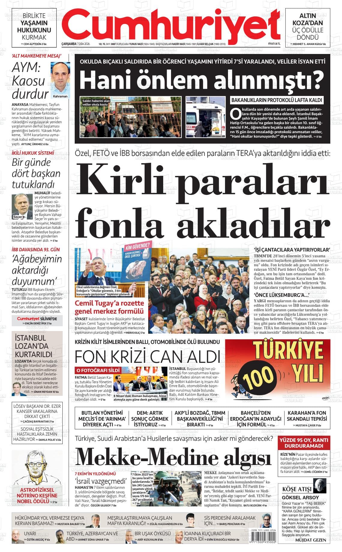CUMHURİYET gazetesi kapağı