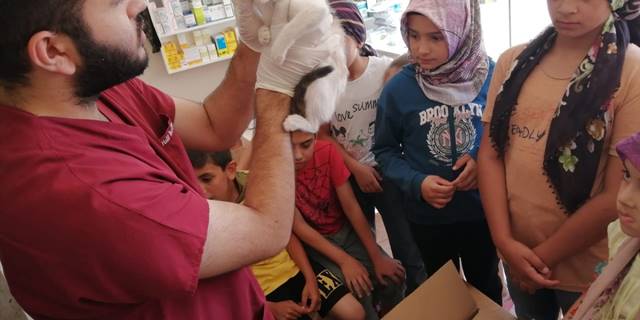 Kur'an kursu öğrencileri sokakta buldukları yavru kediyi sahibine teslim etti