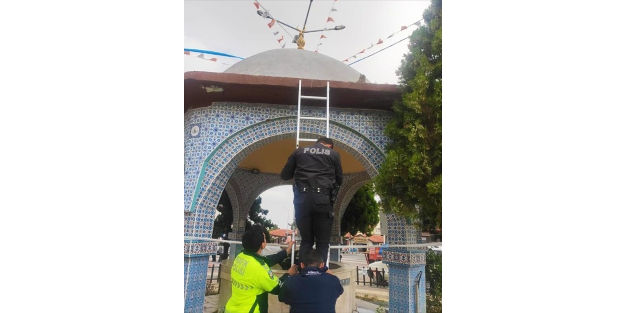 Eskişehir'de şadırvanın çatısında mahsur kalan kedi yavrusu kurtarıldı