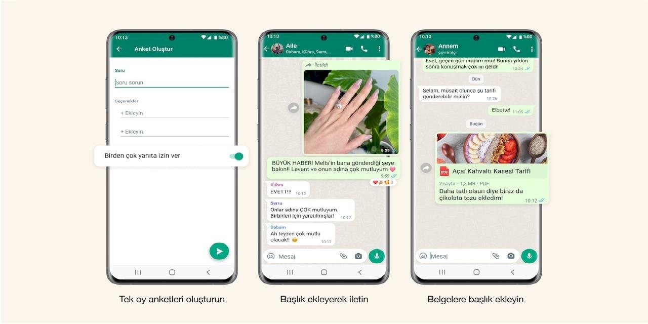 WhatsApp Anketleri, İletme Açıklamaları ve Paylaşılan Belge Açıklamaları İyileştirildi