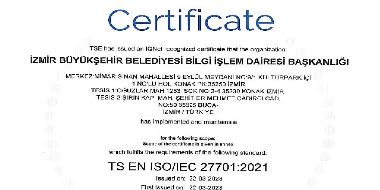 İzmir Büyükşehir Belediyesi ISO 27701 standardına sahip ilk 