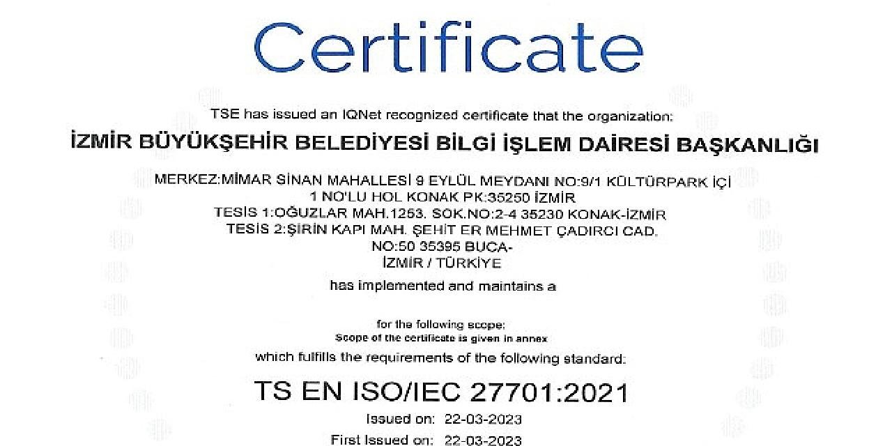 İzmir Büyükşehir Belediyesi ISO 27701 standardına sahip ilk