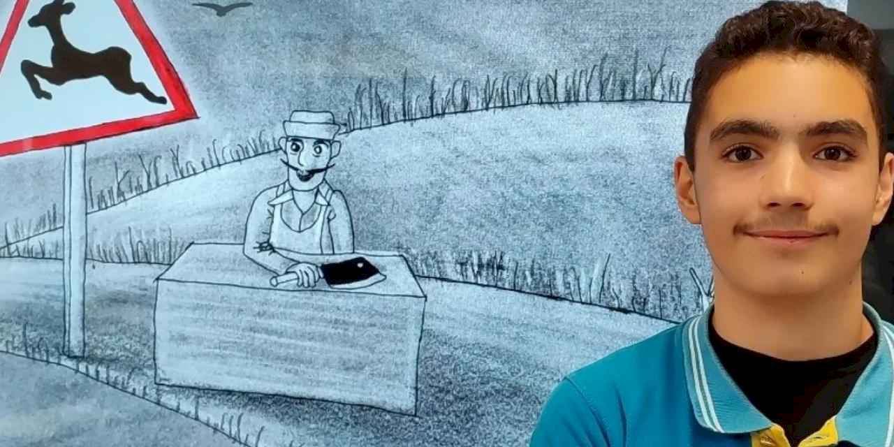 Sinoplu öğrenci çizdiği karikatürle dünya birincisi oldu