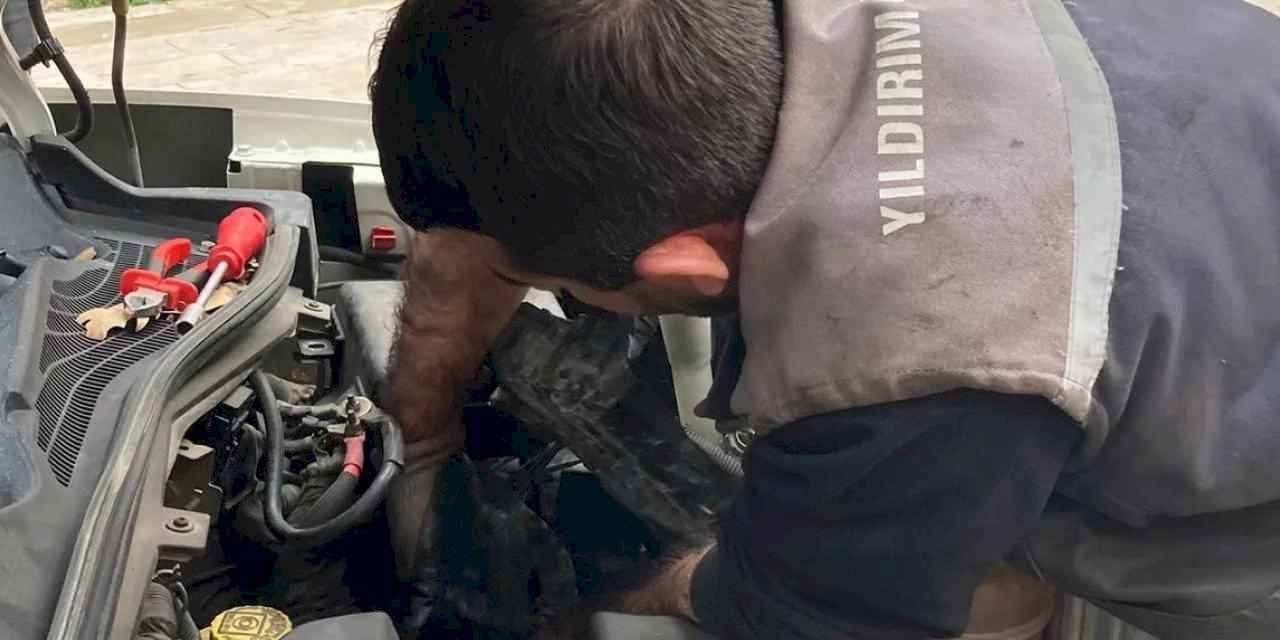 Bursa Yıldırım'da kaputa sıkışan yavru kedi kurtarıldı