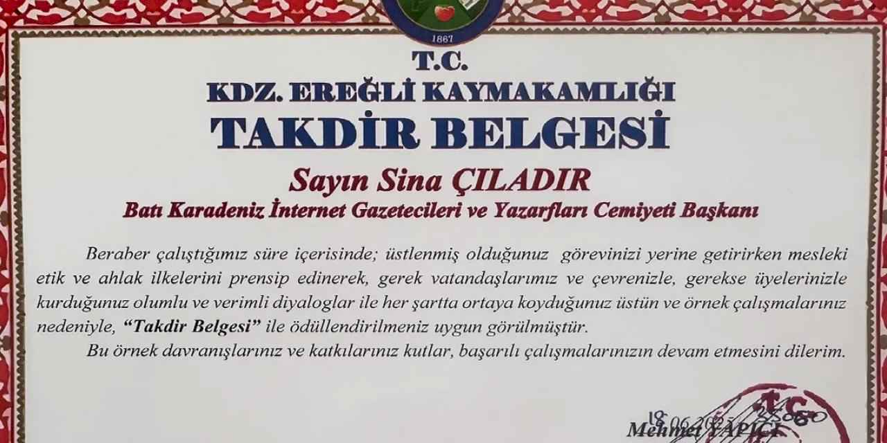 Kdz. Ereğli Kaymakamı’ndan BATİYAC Başkanı Çıladır’a takdir
