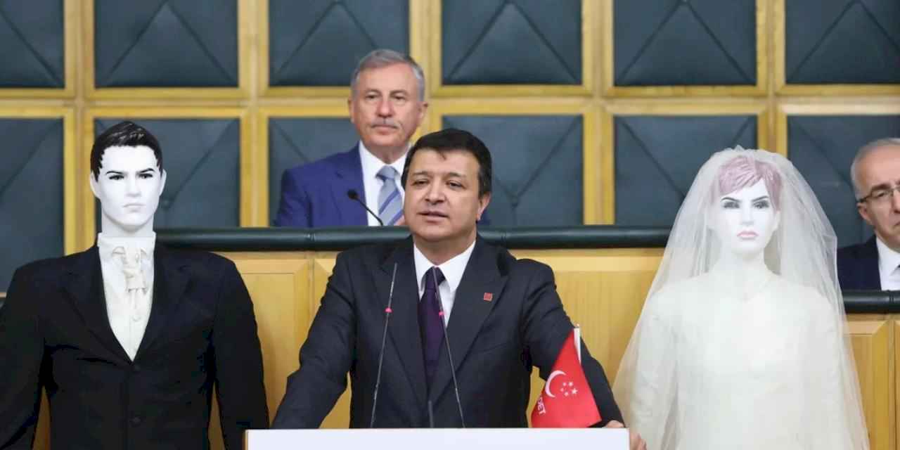 TBMM'de SP'li Arıkan'dan dikkat çeken sunum! Kürsüye cansız mankenlerle çıktı