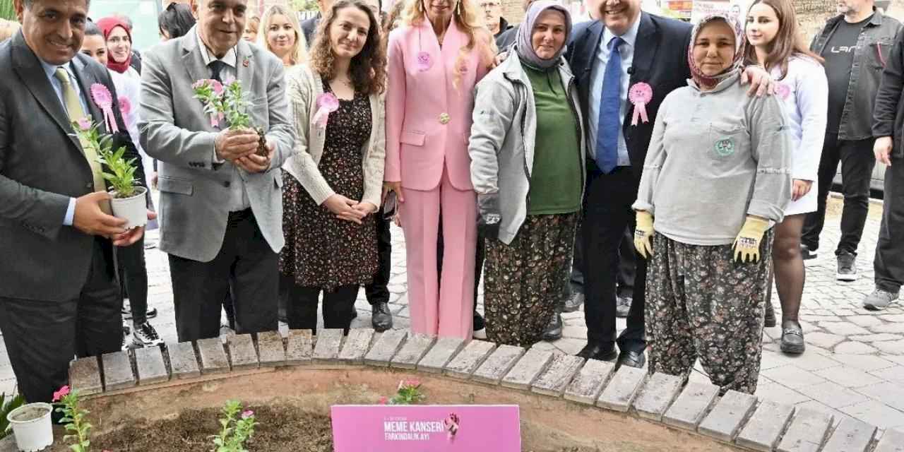 Manisa'da meme kanseri için pembe çiçekler toprakla buluştu
