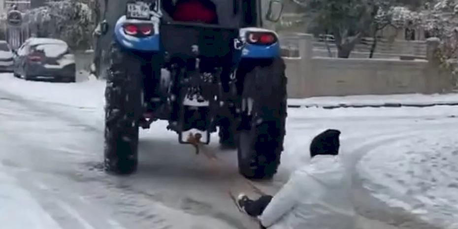 Adıyaman'da traktöre halat bağlayıp kaydılar!