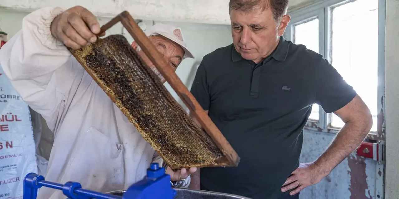 İzmir'de Başkan Tugay üreticiyle bal sağdı