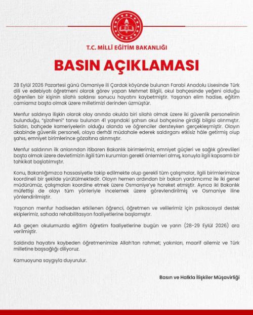 Osmaniye’de okul bahçesinde öğretmen silahlı saldırıda hayatını kaybetti! Eğitime 2 gün ara verildi