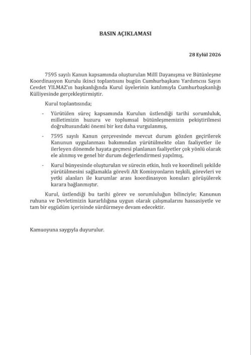 Millî Dayanışma Koordinasyon Kurulu ikinci kez toplandı