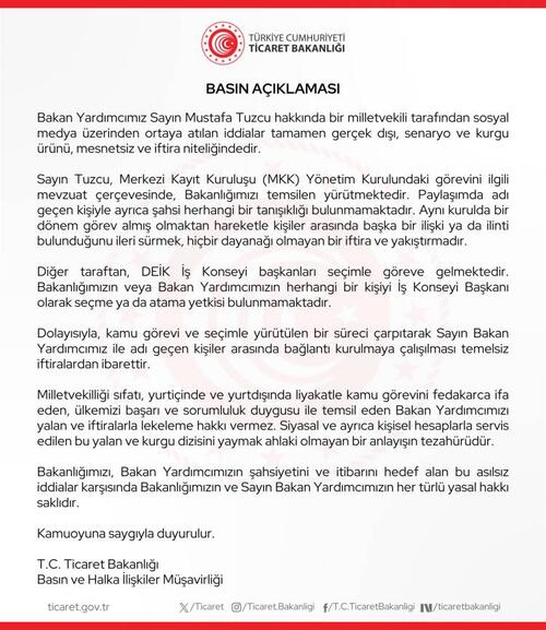 Ticaret Bakanlığı: Mustafa Tuzcu hakkındaki iddialar iftiradır
