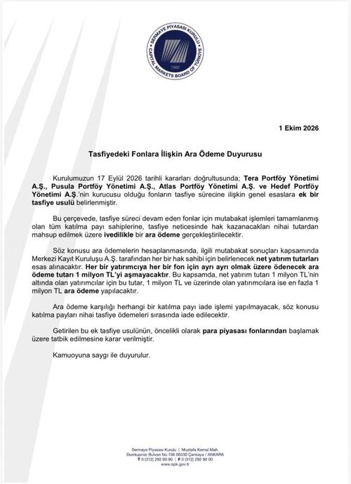 Tasfiye halindeki fon yatırımcılarına 1 milyon liraya kadar ara ödeme kararı