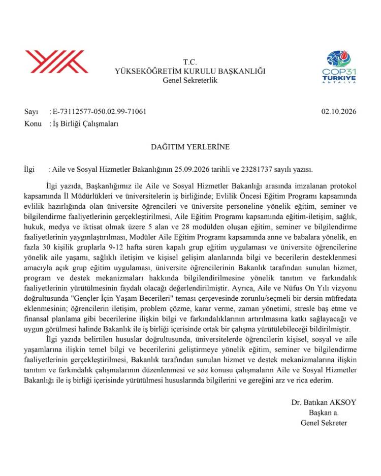 YÖK’ten üniversitelere aile eğitimi ve yaşam becerileri çalışması